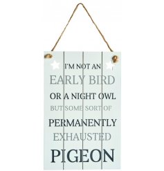A charming white wooden hanging plaque featuring a bold scripted text decal 