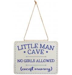 A hanging wooden plaque featuring blue hues and a 'Little Man Cave' scripted text decal 