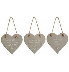  Sure to bring a rustic charm to any space, this mix of concrete hanging hearts each embossed with a text decal 