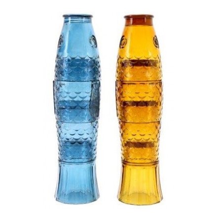 An assortment of blue and orange toned drinking glass sets that build up into a Koi Fish Design 