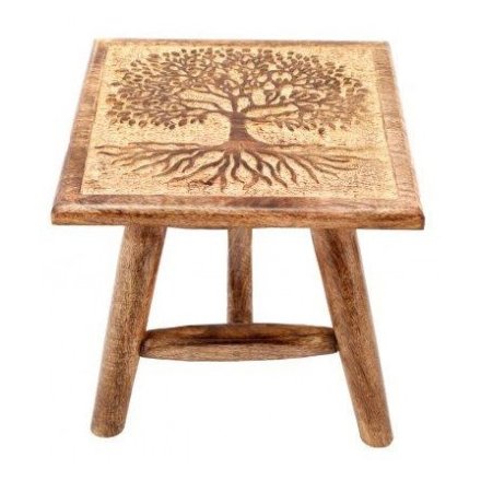 Tree Of Life Carved Wooden Stool, 25cm 
