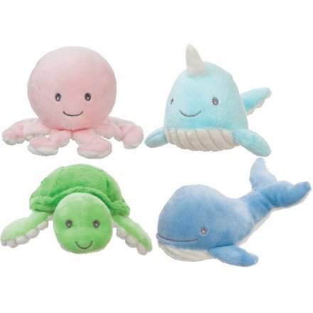   An assortment of underwater themed baby rattles in cute pastel tones and snuggly soft fabrics 