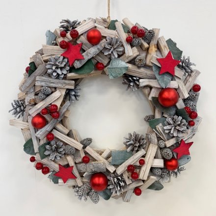 Festive Red And Wood Wreath, 38cm 