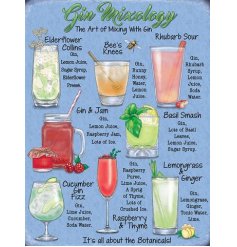 Enjoy your favourite gin cocktails with this fun and colourful gin mixology metal sign.