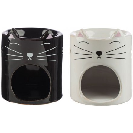 An assortment of monochrome inspired oil burners with added feline features to each 