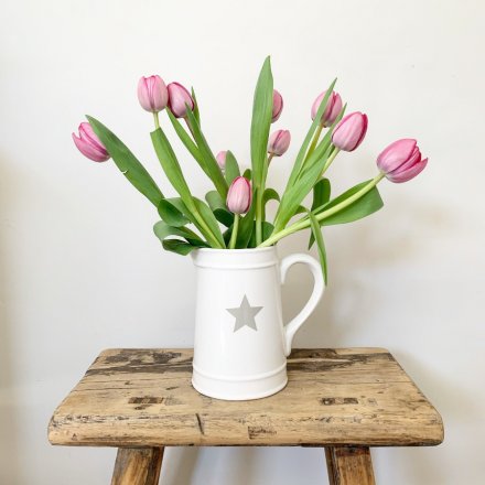 A timeless white ceramic jug with a grey star detail. Perfect for flowers, foliage and decoration.