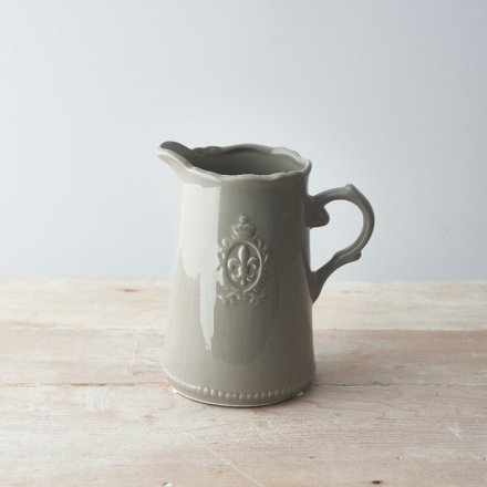 A shabby chic, country french inspired jug in grey with a distressed finish.