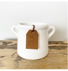 A classic white ceramic pot with small eared handles. Complete with a stylish PU leather tag in tan. 