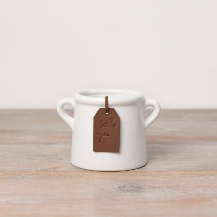 A timeless white ceramic pot planter with a PU leather tag reading 'for you'.