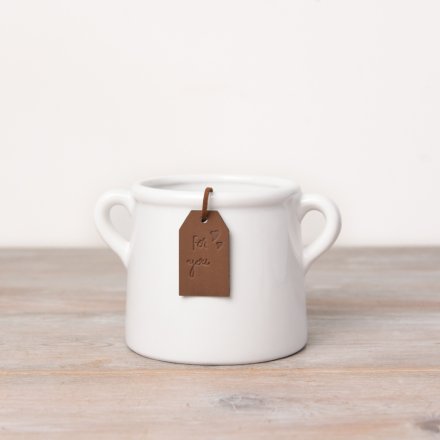 A simple and stylish white ceramic pot planter with a tan coloured PU leather tag reading 'for you'.