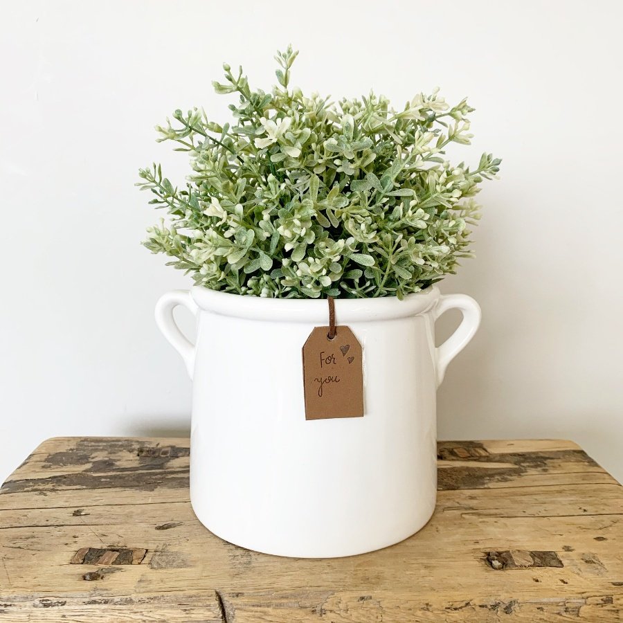 A chic white ceramic pot planter with a complimentary PU Leather tan label, which reads 'for you'. 