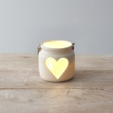 A chic and beautifully simple t-light holder with a heart shaped cut out design and chunky rope handle.