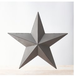 A stylish grey metal barn star with distressed detailing. Hang on walls or display on shelves.