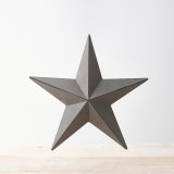 A vintage inspired grey metal barn star with distressed detailing on each three-dimensional point.