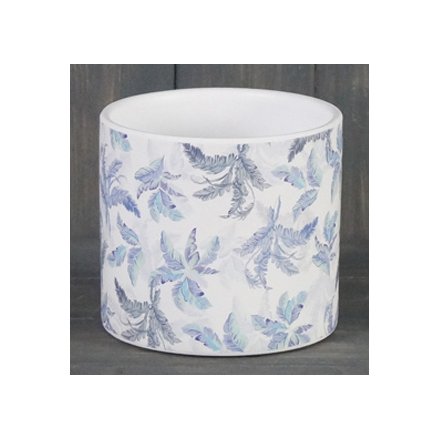Blue Leaf Print Ceramic Pot, 14cm 