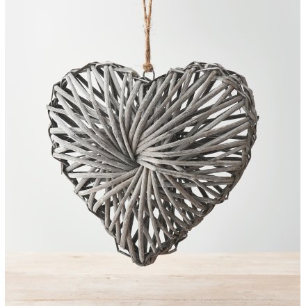 A rustic living rattan heart wreath with a grey washed finish and stylish jute string hanger.