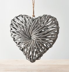 A rustic living rattan heart wreath with a grey washed finish and stylish jute string hanger.