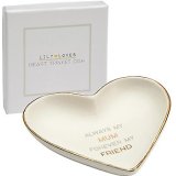  A beautiful and simple heart shaped ceramic dish complimented with a scripted text decal and gold trim 