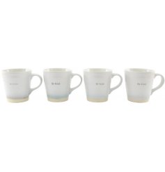 A sleek assortment of ceramic mugs, each embossed with its own text decal and set with a neutral tone base 