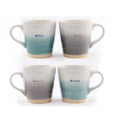 A sleek assortment of ceramic mugs, each embossed with its own text decal and set with a neutral tone base 