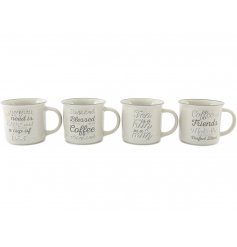 A sleek and stylishly simple assortment of smooth ceramic mugs, beautifully decorated with silver script text decals to 