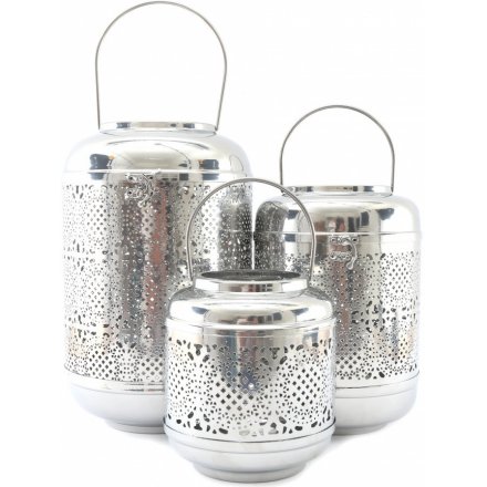 Set of Silver Luxe Lanterns, 34cm 