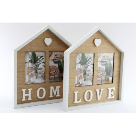 A charming assortment of natural wooden house shaped picture frames decorated with text decals and a heart finish 
