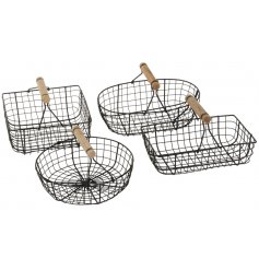 An assortment of 4 black metal baskets with wooden handles.