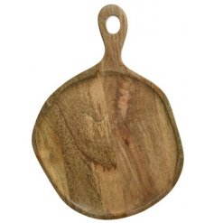 A beautifully natural mango wood serving tray with handle. A food safe product with rustic character and charm. 