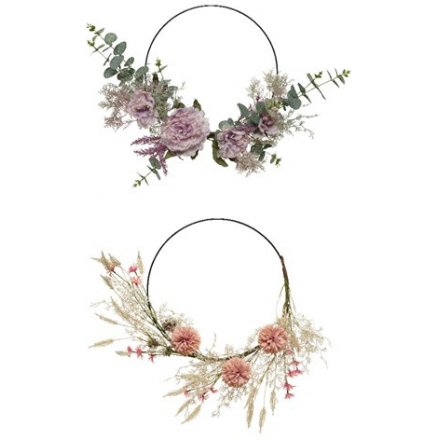 An assortment of 2 fine quality floral hoop wreaths in purple and pink designs.