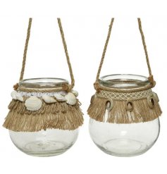 An assortment of 2 charming coastal t-light holders with jute string hangers.