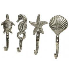 An assortment of 4 beautifully textured metal hooks in turtle, seashell, starfish and seahorse designs. 