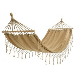 Relax with this bohemian cotton hammock with matching coloured fringes and rope. Complete with birch wood bars.