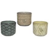 An assortment of 3 beautifully glazed terracotta planters in natural and blue colours.