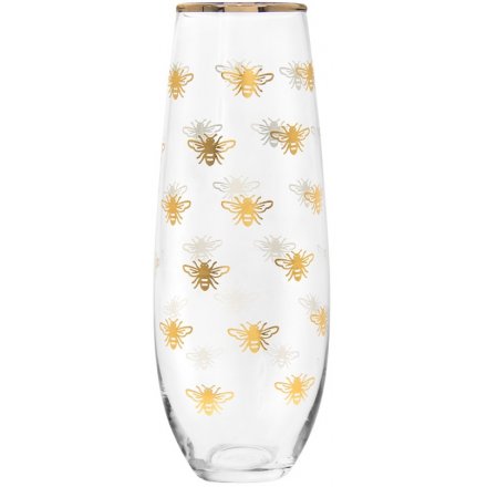 Gold Bee Printed Stemless Flute Glass