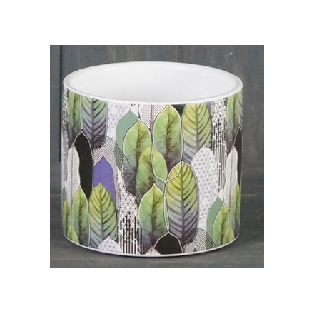   Perfect for displaying bright blooms within the home, a ceramic pot featuring a quirky geometric leaf inspired print 