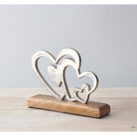  A charmingly simple natural wooden block based ornament, set with a rough silvered aluminium multi heart decal