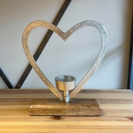 Heart On Wood Base Tlight Holder, 25cm 