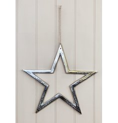 A simplistic silver toned hanging aluminimum star 
