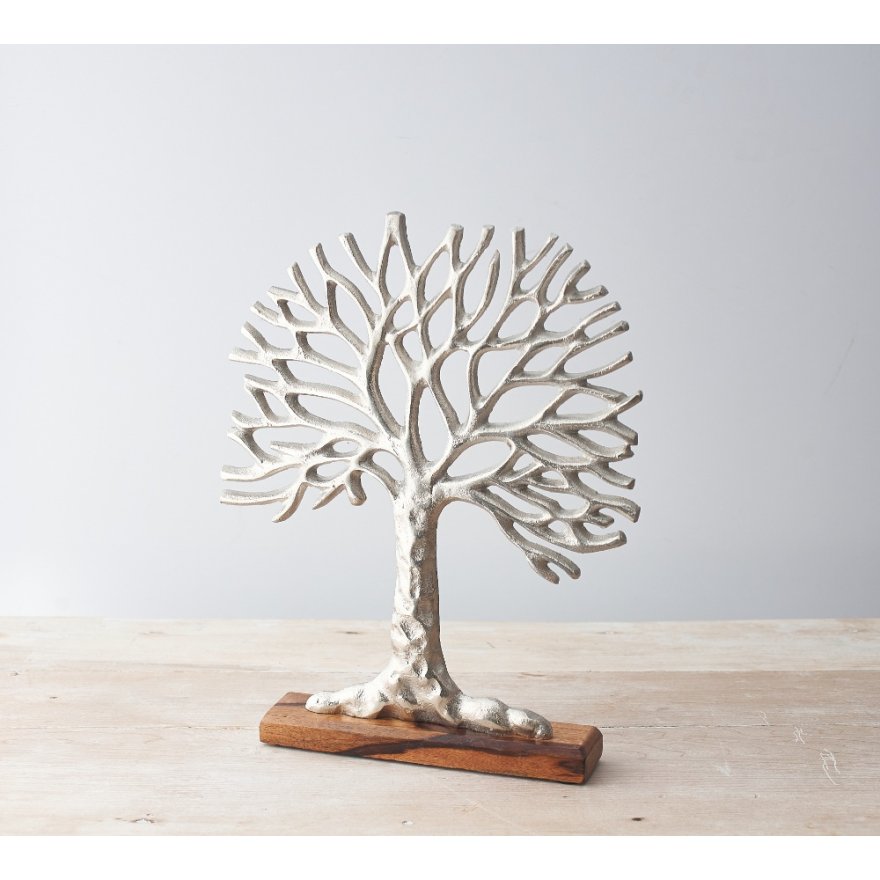 Silver Aluminium Tree Of Life On Block Base, 36cm 