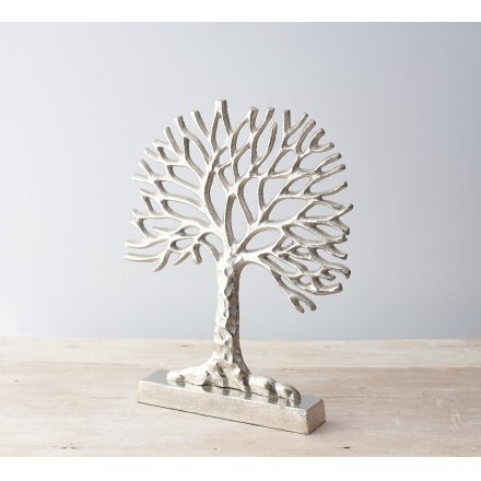 A beautifully distressed inspired ornamental tree of life decoration, set with a sleek silvered tone 