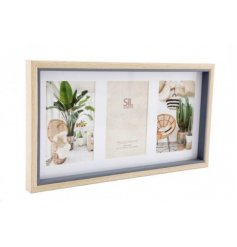   A chunky wooden framed picture stand featuring a sold grey toned edging 