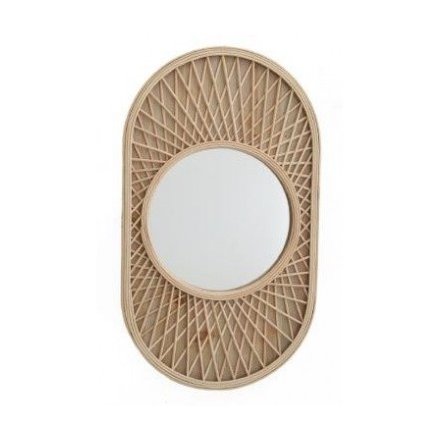  a decorative wall mirror in an oval shape with an overlapped wooden slat decal 