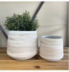 A set of assorted sized round pots with a ribbed touch finish and neutral colour theme 