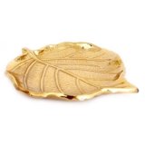 A gold toned aluminium leaf shaped dish with added realistic accents 