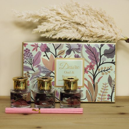 Sure to bring a delightful aroma and charming look to your home, a set of 3 sweetly scented diffusers 