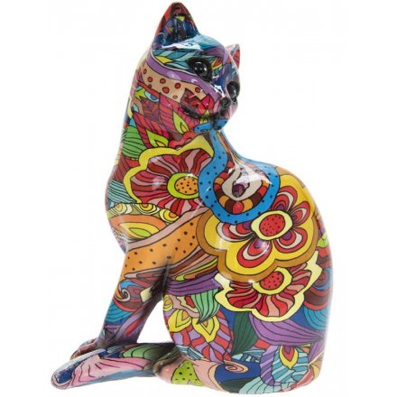 Colourful Floral Sitting Cat, 15cm