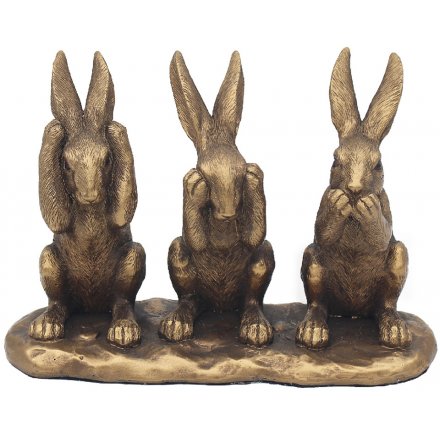 3 Bronzed Wise Hares, 18cm