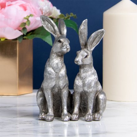 Silvered Twin Hares, 19cm  