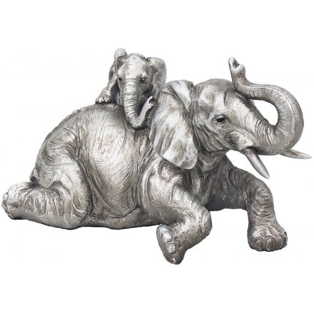 Silvered Elephant & Calf, 22cm